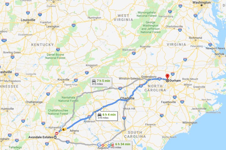 Avondale Estates, Georgia to Durham, North Carolina - Google Maps